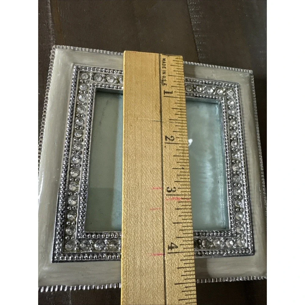 Vintage Enamel Sage Green Metal Picture Frame Rhinstone Border  3x3